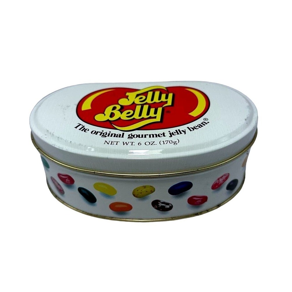 Jelly Belly Collectible Tin 6oz White Red 22 Twist Bean Shape Advertising Metal